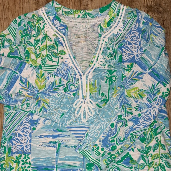 Lilly Pulitzer Tunic Top Patchwork Print V Neck Long Sleeve Women M Blue Green - Picture 5 of 5